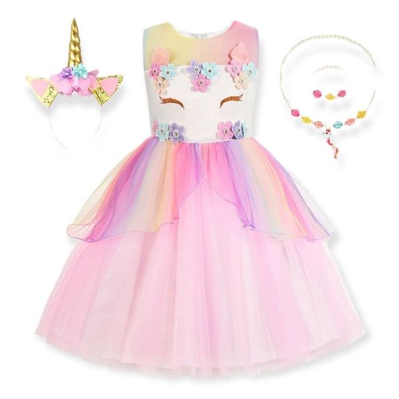 NWT Ohlover Little Girls Unicorn Party Dress Princess Flower Costume Set - Picture 4 of 10